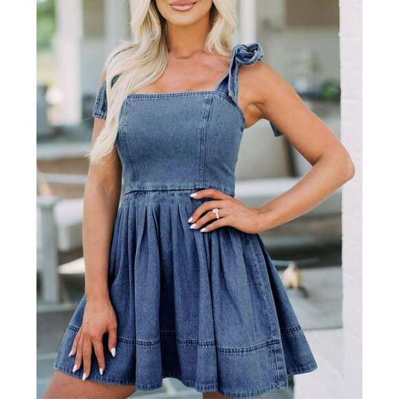 Women's Denim Mini Dress Sleeveless High Waist Casual Summer Dress - Picture 2 of 6